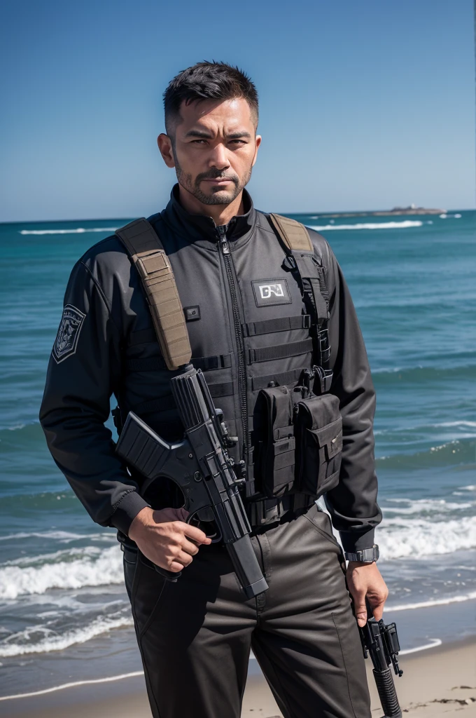 An armed man looking forward,that is, from the coast to the photo(He's not looking at the photo),Open arms,the landscape on a beach
