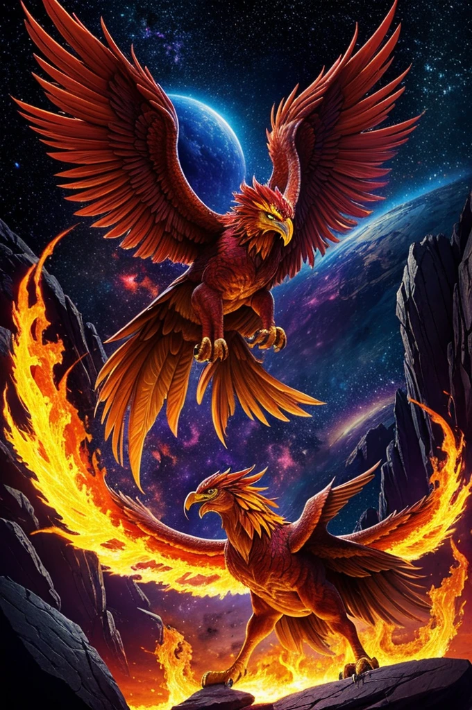 A muscular phoenix, strong, persevering in the middle of the image his body made of intense and burning fire, This phoenix has its feet on a rocky planet of fire. In the background there is a galaxy of very vivid and intense purple colors and the planet Earth is on top of very vivid colors.