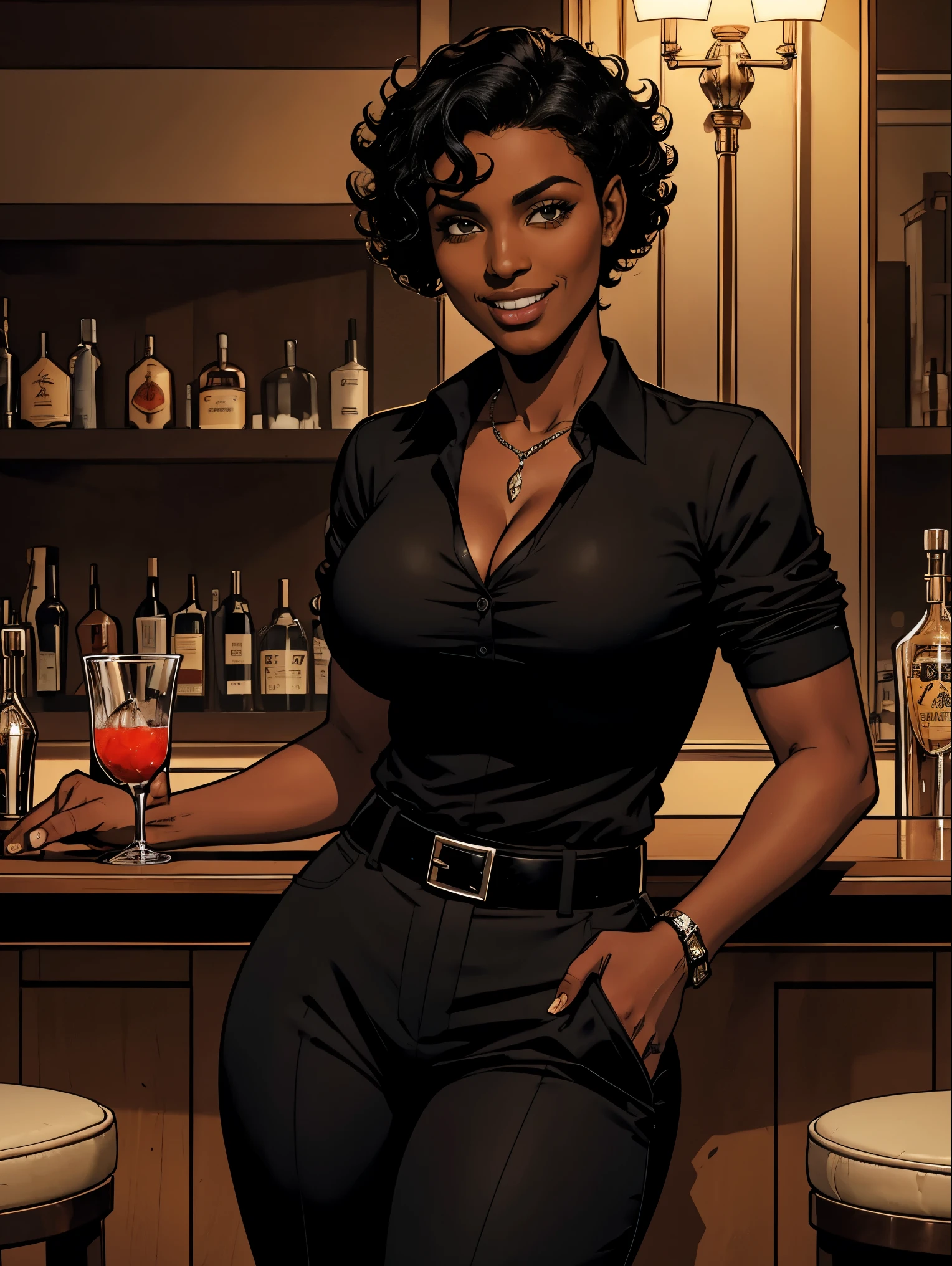 Cardinal, a gorgeous bartender woman with (dark skin, short curly black hair) wearing a black polo, tight slacks. Athletic, huge breasts, wide hips. Short curly black hair, mixing a drink. Smiling. Confident. At a high-end bar, luxury hotel. cleavage.