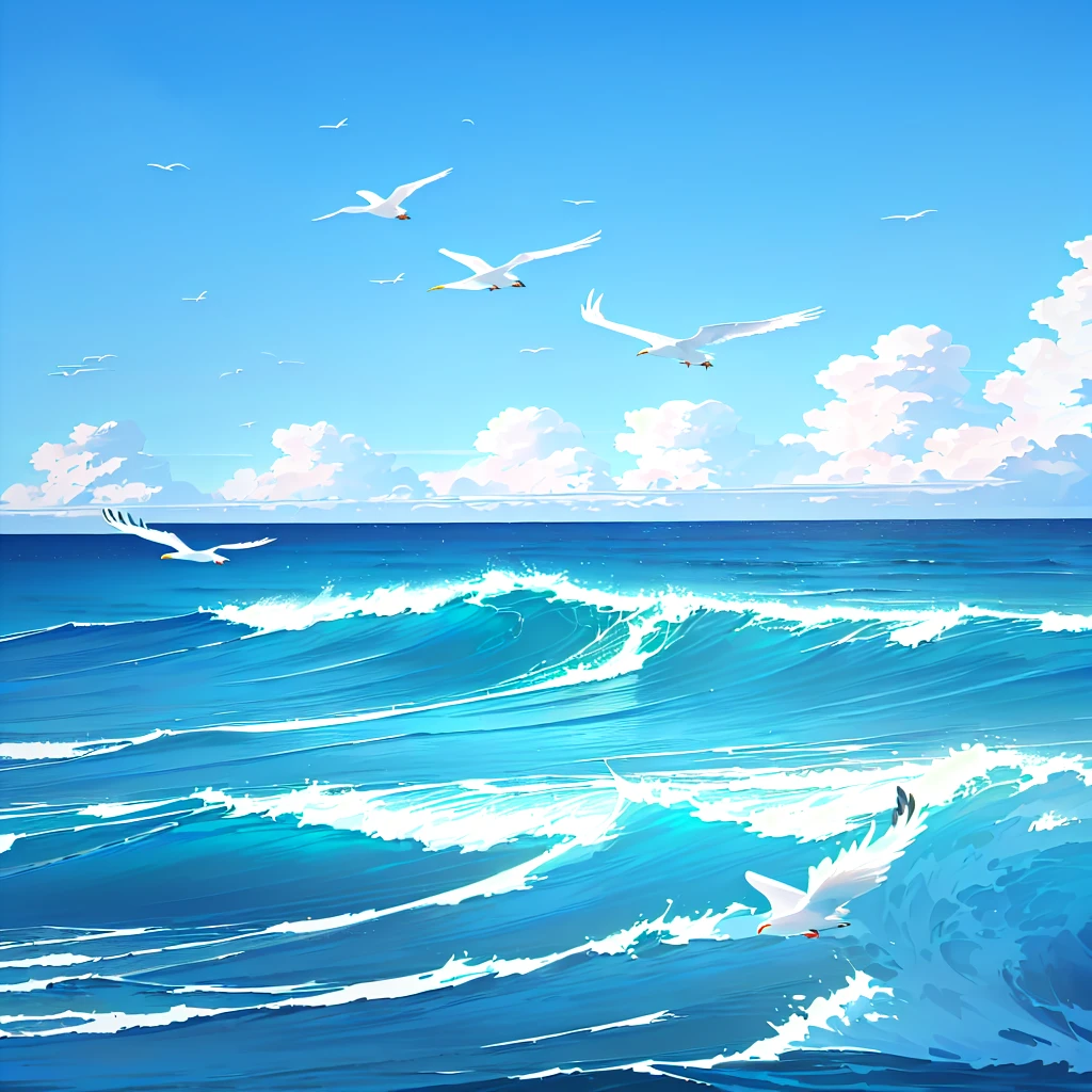 there are two seagulls Flying over the ocean on a sunny day, wild Ocean background, Sea background, Ocean background, Wallpaper Anime Blue Water, Beautiful Ocean, Blue Sea, sky and Ocean background, Sea and sky, Rough Seas, Flying over the ocean, Clouds、Wings and waves, Bright sea, Detailed sea, Beautiful sea view, realistic ocean, blue ocean,Seagull flying