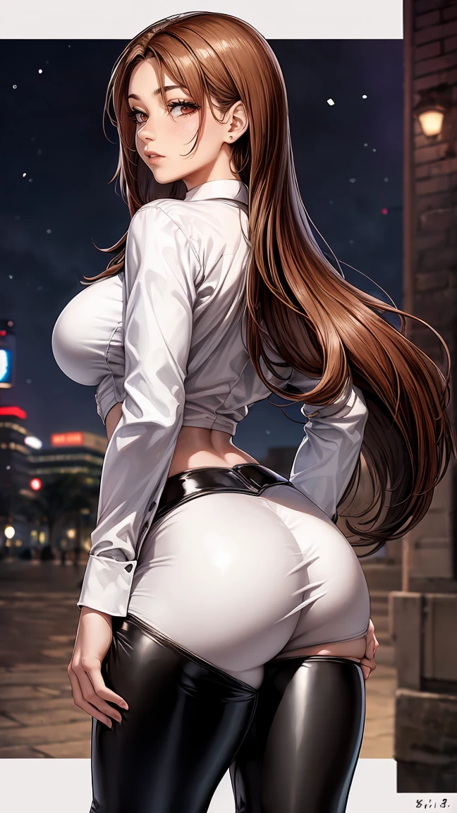 (bright red eyes)beautiful, beautiful woman, perfect anatomy, perfect body, whole body, big breasts, choker:1.6, captivating look, slight smile, realism, from behind, facial focus,(looking at the viewer:1.2) Masterpiece, Rough skin, super detailed, high detail, high quality, 最high quality, 1080P, 16k, realist, 1 girl, (Brown hair:1.6, waist length hair), crop top, shiny black leggings, Chapped lips, blush, evening, sollight, (white long sleeve collared shirt:1.4), (shiny black boots), alley, por la evening, Moonlight, tokyo