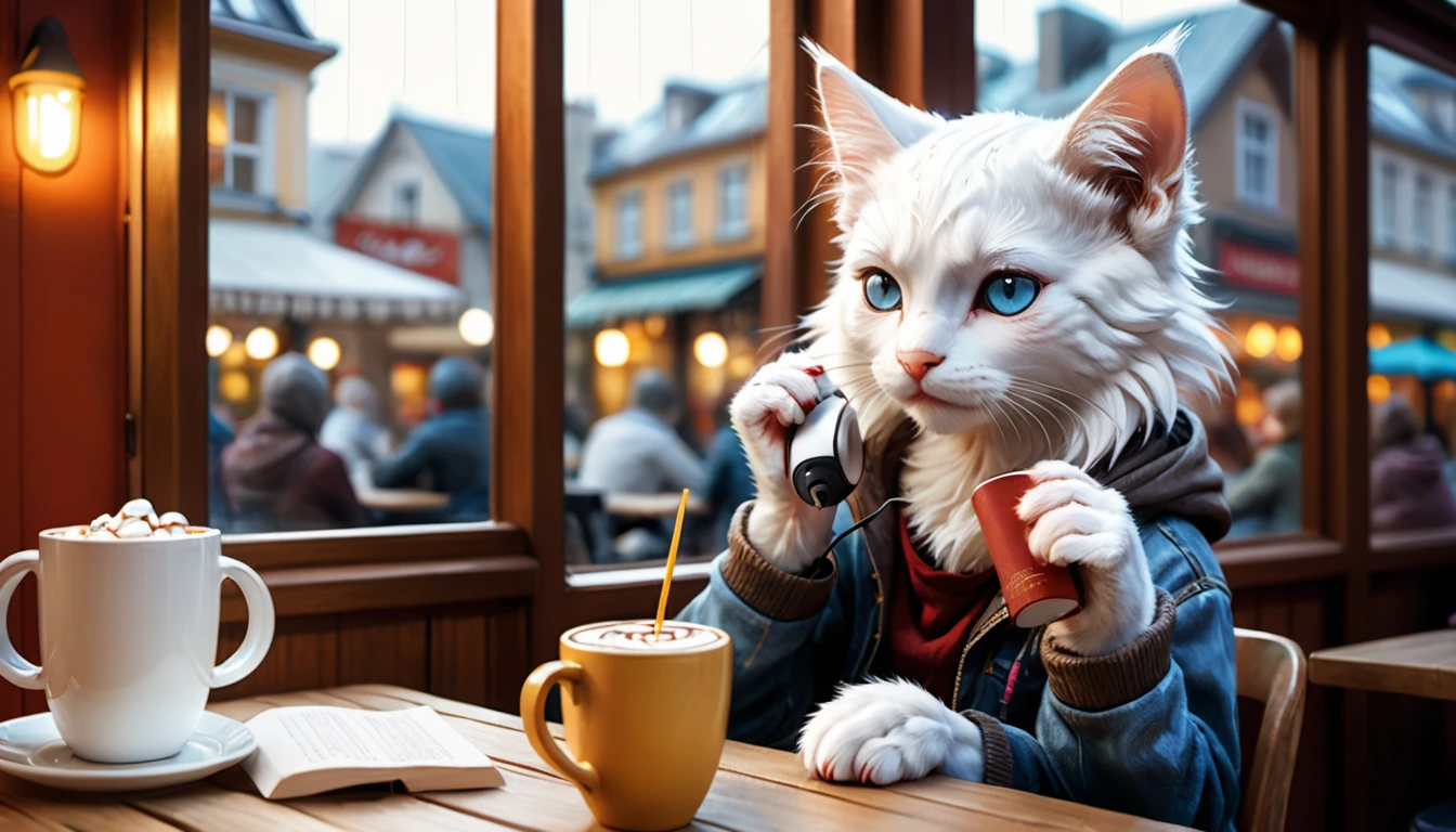 (photo cinematic), (((raining))), anthropomorphic, cute white kitten, casual clothes, sitting by the window in a cafe, drinking hot chocolate, listening to music on headphones, (reading a book), 2D, colorful, warm atmosphere, shiny, Jean-Baptiste Monge style, Alan Lee style