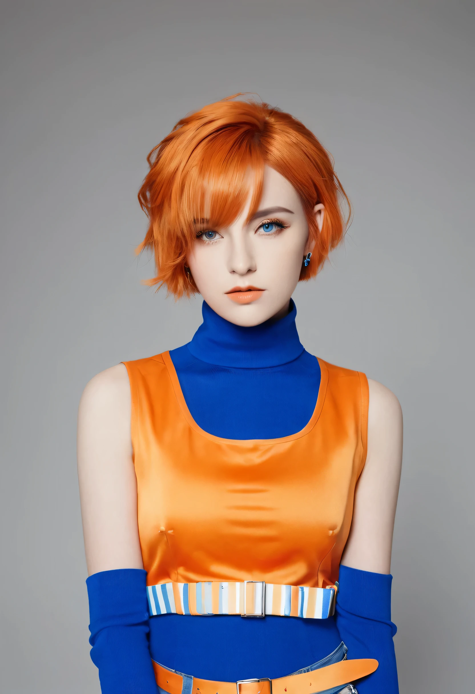 masterpiece, best quality, Gwendolyn_Tennyson, Orange short hair, side fringe, Blue hairpin, lol, Blue bulletproof vest