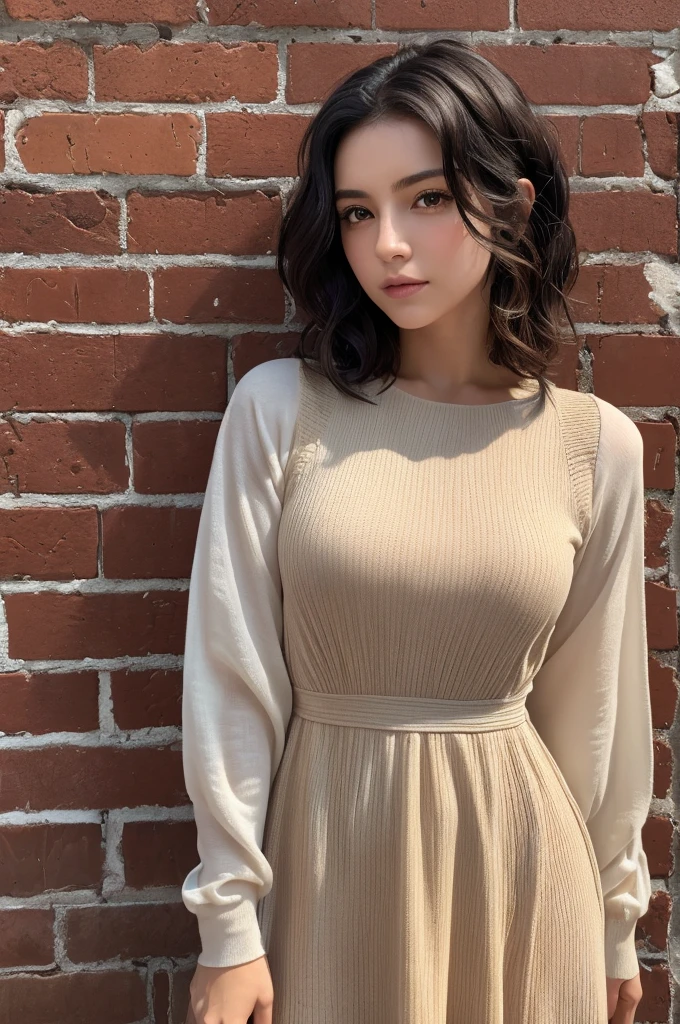 (masterpiece:1.3), (8K, Realistic, RAW Photos, Highest quality: 1.4), (One Girl), Beautiful Face, (Realistic Face), (Black Hair, Short hair with loose waves:1.3), Beautiful Hairstyles, Realistic eyes, Beautiful details, (Realistic Skin,Landscape,Look away,Looking Up,Brush your hair up), Beautiful Skin, (Nice dress,Big size,Black Dress,Long sleeve), Absurd, charm, Ultra-high resolution, Ultra-realistic, Very detailed, Golden Ratio,Brick wall,