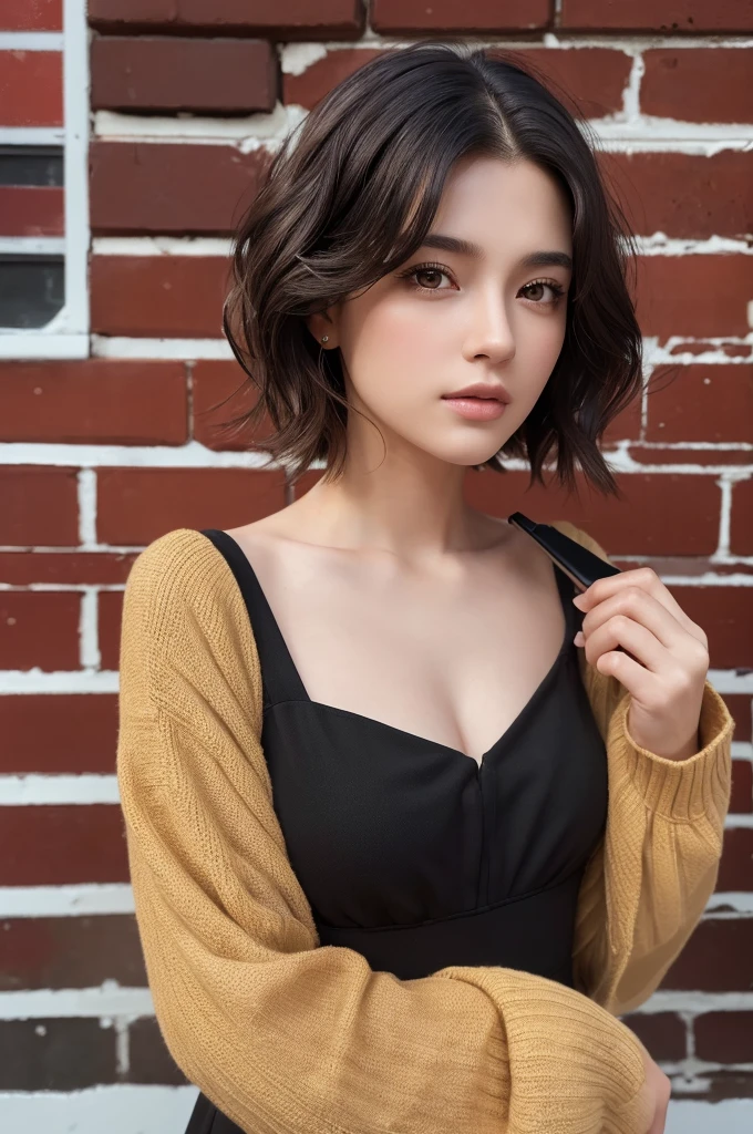 (masterpiece:1.3), (8K, Realistic, RAW Photos, Highest quality: 1.4), (One Girl), Beautiful Face, (Realistic Face), (Black Hair, Short hair with loose waves:1.3), Beautiful Hairstyles, Realistic eyes, Beautiful details, (Realistic Skin,Landscape,Look away,Looking Up,Brush your hair up), Beautiful Skin, (Nice dress,Big size,Black Dress,Long sleeve), Absurd, charm, Ultra-high resolution, Ultra-realistic, Very detailed, Golden Ratio,Brick wall,