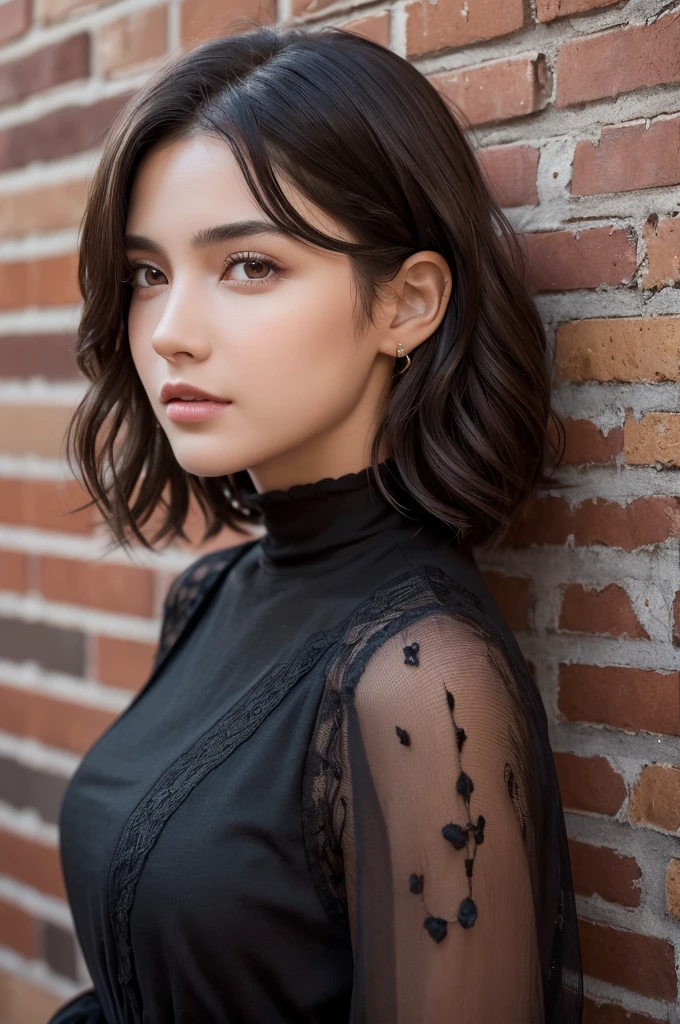 (masterpiece:1.3), (8K, Realistic, RAW Photos, Highest quality: 1.4), (One Girl), Beautiful Face, (Realistic Face), (Black Hair, Short hair with loose waves:1.3), Beautiful Hairstyles, Realistic eyes, Beautiful details, (Realistic Skin,Landscape,Look away,Looking Up,Brush your hair up), Beautiful Skin, (Nice dress,Big size,Black Dress,Long sleeve), Absurd, charm, Ultra-high resolution, Ultra-realistic, Very detailed, Golden Ratio,Brick wall,