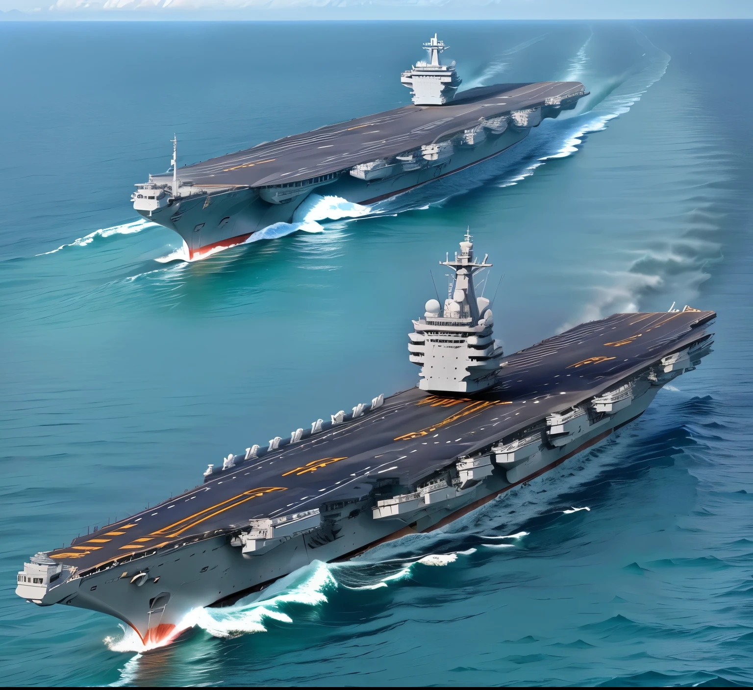 Sea,海面上的Aircraft Carrier,Aircraft Carrier,Sea,Bird's eye view,Drone view,Highest viewing angle,Look down from the sky,mothership,Top view,Image of a naval ship with a large deck and a small deck, 现实的军事Aircraft Carrier, Military transport aircraft, , realistic warship design, scene, Rendering, high detailed model, Front view full picture, highdetailed, Rendering, top and side view, very very high detailed, high_detailed!!, Nimitz