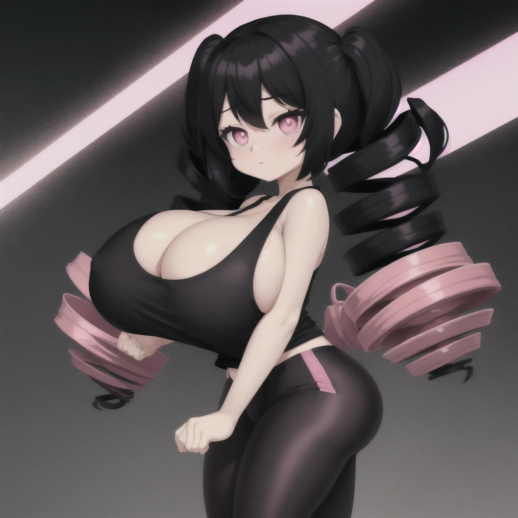 black hair, female, twin drills, solo, smol, pink eyes, massive breasts, very long hair, wear open cut black tight tank top and pink leggings, masterpiece, ultra high quality