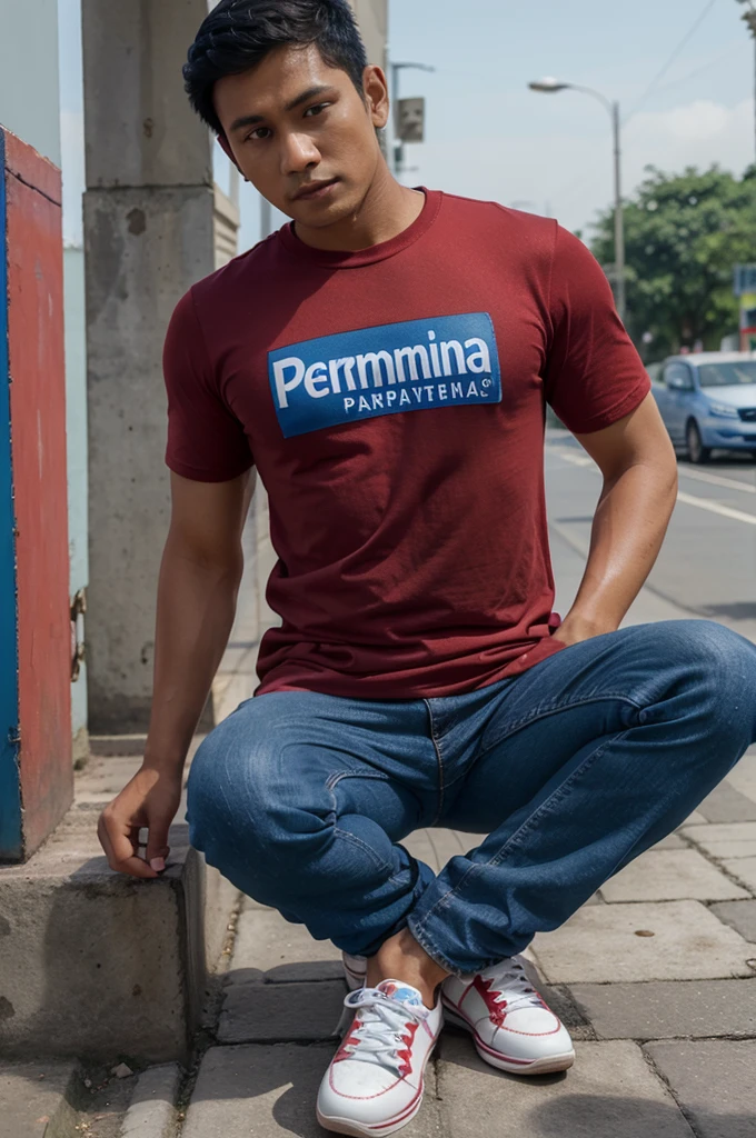 Super realistis 3D carricatur of an Indonesia guy with short black hair who work as a Pertamina BUMN he is wearing appropriate work clothes red and blue color long t-shirt and blue jeans sneaker shoes natural background