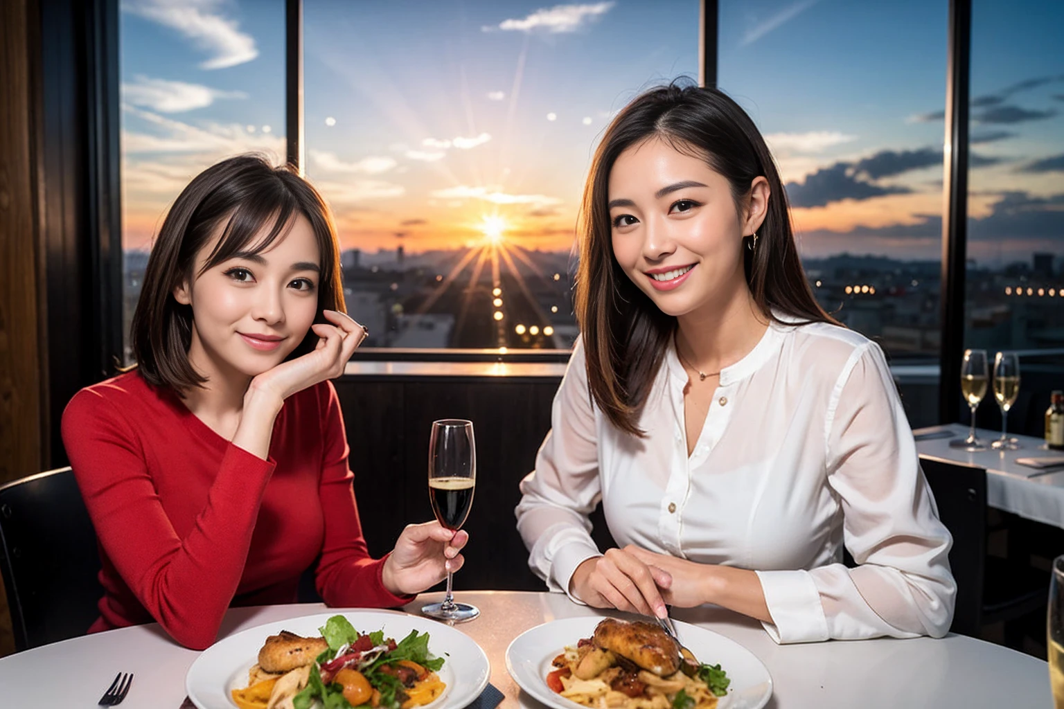 ((Highest quality、8K、masterpiece:1.3))、1 male 1 female、Lovers of Hakodate、Beautiful couple、Smile、full-course dinner、 (Slim face), (the body is スリム), (Brown Hair), (Shortcuts), ((Bob Hale、Straight hair:1.2)), テーブルの上のwine glass、Shine light on your face、 Amazing view of the sunset sky and clouds、The beauty of a smile、Bright image、Blushing, Shortcuts, (Age 35), 39 years old, Appetizers、Italian food、Wine bottle、Champagne、sparkling wine、Long sleeve shirt、dress、Attractive beauty、restaurant, Nova Frog Style, actress, model, Upper Body, White wine, red wine, wine glass,