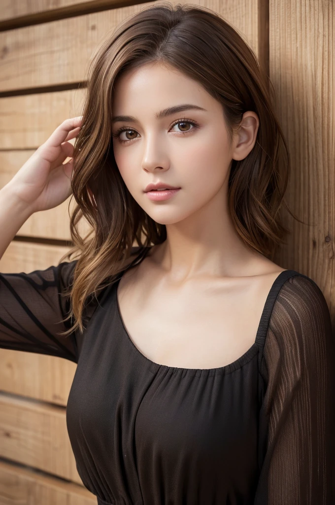 (masterpiece:1.3), (8K, Realistic, RAW Photos, Highest quality: 1.4), (One Girl), Beautiful Face, (Realistic Face), (Brown Hair, Short hair with loose waves:1.3), Beautiful Hairstyles, Realistic eyes, Beautiful details, (Realistic Skin,Landscape,Look away,Looking Up,Brush your hair up), Beautiful Skin, (Nice dress,Big size,Black Dress,Long sleeve), Absurd, charm, Ultra-high resolution, Ultra-realistic, Very detailed, Golden Ratio,White wooden plank wall,
