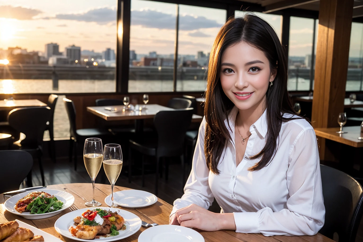 ((Highest quality、8K、masterpiece:1.3))、1 male 1 female、Lover in Sapporo、Beautiful couple、Smile、full-course dinner、 (Slim face), (the body is スリム), (Brown Hair), (Shortcuts), ((Bob Hale、Straight hair:1.2)), テーブルの上のwine glass、Shine light on your face、 Amazing view of the sunset sky and clouds、The beauty of a smile、Bright image、Blushing, Shortcuts, (Age 35), 39 years old, Appetizers、Italian food、Wine bottle、Champagne、sparkling wine、Long sleeve shirt、dress、Attractive beauty、restaurant, Nova Frog Style, actress, model, Upper Body, White wine, red wine, wine glass,