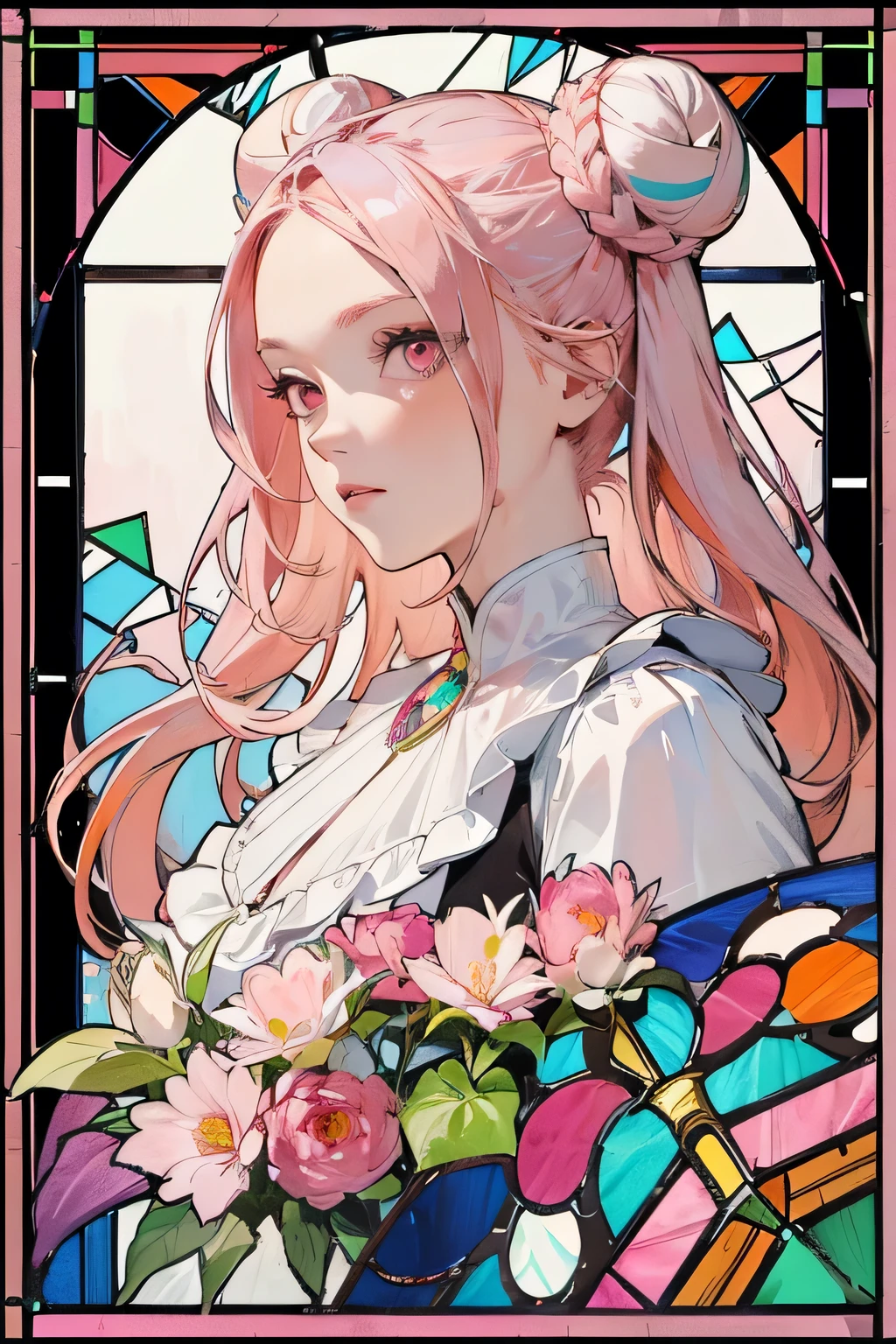 (masterpiece, Highest quality), 8K,(((Very detailed))), race:1.8,Super intricate race pattern,colorful race pattern,Stained Glass Background, kaleidoscope,light up, 1 female,Open Back,Top Bust:1.5,(Hair Ribbon:0.4), Pink Eyes,(((White bun hair))),(((Long pink hair))),