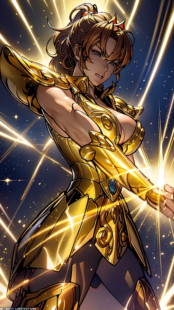 Gold Armor, 4K image, rallies, best quality, masterpiece, movie lighting ,Sexy,Large Breasts,Cleavage,action,In battle,cleavage,anger,noble,Light beams from hands,Golden lightning all around,red hair,ponytail hairstyle,Saint Seiya Leo Aiolia,Wink,lipstick