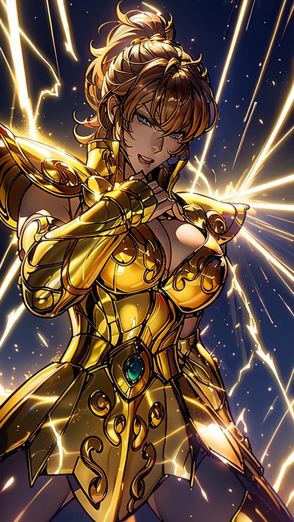 Gold Armor, 4K image, rallies, best quality, masterpiece, movie lighting ，Sexy，Large Breasts，Cleavage，action，In battle，cleavage，anger，noble，Light beams from hands，Golden lightning all around，red hair，ponytail hairstyle，Saint Seiya Leo Aiolia，Wink，lipstick