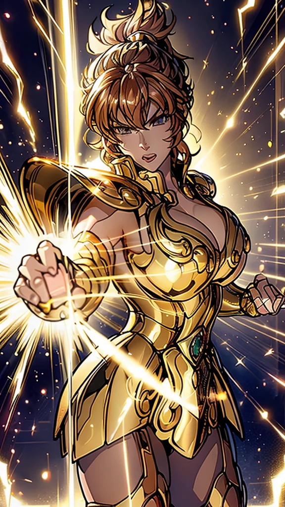 Gold Armor, 4K image, rallies, best quality, masterpiece, movie lighting ,Sexy,Large Breasts,Cleavage,action,In battle,cleavage,anger,noble,Light beams from hands,Golden lightning all around,red hair,ponytail hairstyle,Saint Seiya Leo Aiolia,Wink,lipstick