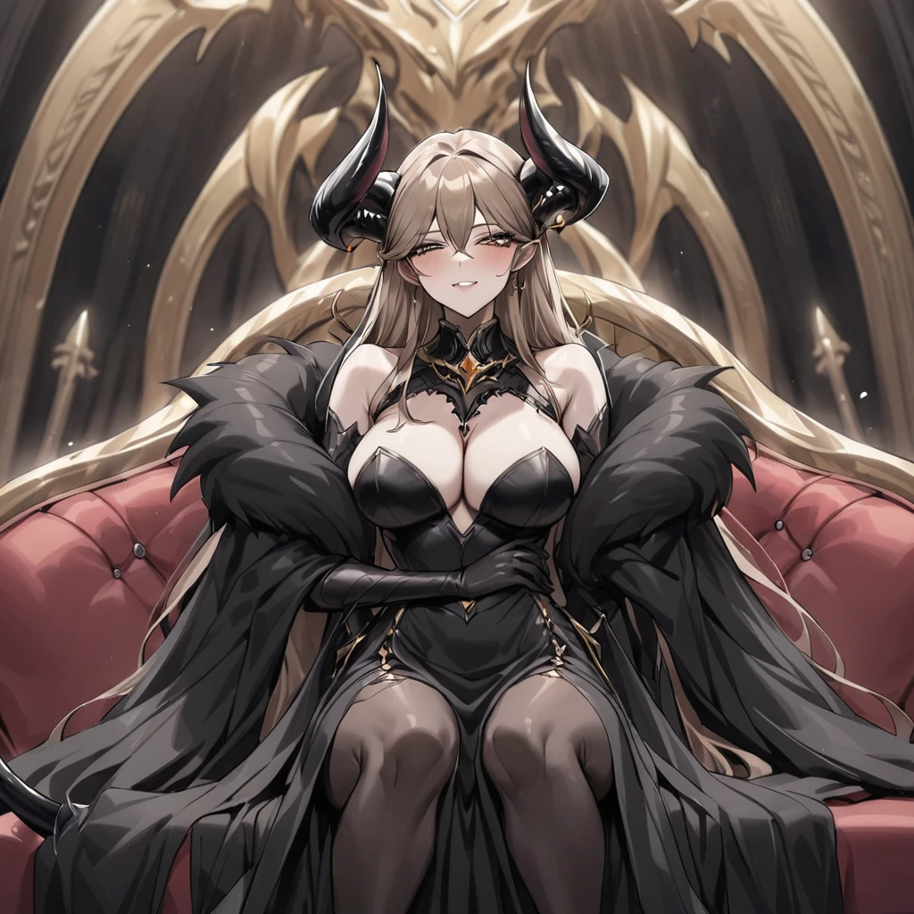 ((Highest quality)), ((masterpiece)), (detailed), (Perfect Face)、The woman is a jet-black devil、The woman is a jet-black female demon with magnificent demon horns and a jet-black tail, her skin is the same black as the Demon King, and she is wearing a seductive and luxurious jet-black dress of the Demon Queen. Her name is Princess Leona, a jet-black demon with medium-long light brown hair. The man and woman are cuddling happily on a large sofa.、The woman is sitting happily on a large sofa, snuggled up to her beloved husband, the powerful demon king.、A strong demon king is sitting on a large sofa in front of a luxurious demon altar, embracing his wife, the demon queen Leona.、The woman is holding her young daughter、Happy Demon King Family