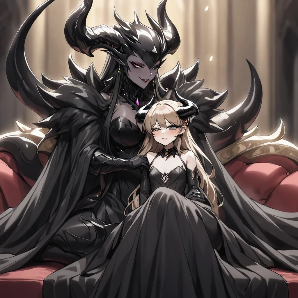 ((Highest quality)), ((masterpiece)), (detailed), （Perfect Face）、The woman is a jet-black devil、The woman is a jet-black female demon with magnificent demon horns and a jet-black tail, her skin is the same black as the Demon King, and she is wearing a seductive and luxurious jet-black dress of the Demon Queen. Her name is Princess Leona, a jet-black demon with medium-long light brown hair. The man and woman are cuddling happily on a large sofa.、The woman is sitting happily on a large sofa, snuggled up to her beloved husband, the powerful demon king.、A strong demon king is sitting on a large sofa in front of a luxurious demon altar, embracing his wife, the demon queen Leona.、The woman is holding her young daughter、Happy Demon King Family