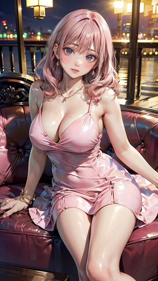 (Masterpiece, BestQuality:1.3), (ultra detailed:1.2), (hyperrealistic:1.3), (RAW photo:1.2), High detail RAW color photo, professional photograph, (Photorealistic:1.4), (realistic:1.4), (Pink Hair:1.5), professional lighting, perfect anatomy, (Big Breasts:1.2), (blush, detailed face), (A happy smile:1.7), Trending Hair&Trending Hairカラーをランダムに, earrings, necklace, bracelet, sexly, erotic sexly, Random sexy gravure poses, (Sexy beauty in a pink cocktail dress、Smiling with cocktail in hand in luxury lounge、Wavy black hair、An elegant smile、One leg is slightly bent。:1.3)