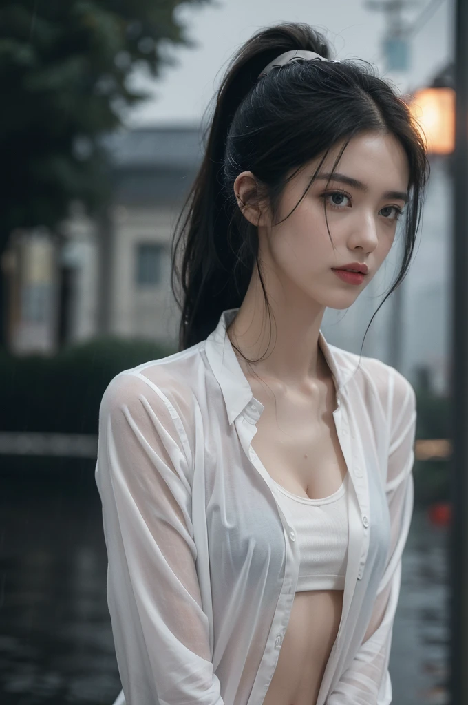 (((best quality))),(((ultra detailed))),(((masterpiece))),illustration,1girl, young,solo, slim,thin,short ponytail,small breasts,flat chest,white collared shirt,cleavage,navel,shorts,standing,arms behind back,rainy night, heavy rain, drenched clothes, melancholy expression, solitude, tear rolling down cheek, wet hair, empty streets, dimly lit, deserted environment, sound of rain, footsteps, symbol of hope, abandoned, resilience, determination, walking in rain, heartbreak, loss, love fading, loneliness, body language, facial expression, dreary atmosphere, rain-soaked streets, somber mood, viewer engagement,((upper body,from front)),urban scape,night scene