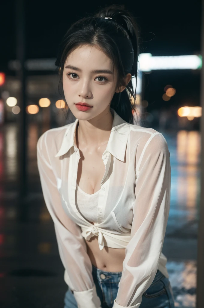 (((best quality))),(((ultra detailed))),(((masterpiece))),illustration,1girl, young,solo, slim,thin,short ponytail,small breasts,flat chest,white collared shirt,cleavage,navel,shorts,standing,arms behind back,rainy night, heavy rain, drenched clothes, melancholy expression, solitude, tear rolling down cheek, wet hair, empty streets, dimly lit, deserted environment, sound of rain, footsteps, symbol of hope, abandoned, resilience, determination, walking in rain, heartbreak, loss, love fading, loneliness, body language, facial expression, dreary atmosphere, rain-soaked streets, somber mood, viewer engagement,((upper body,from front)),urban scape,night scene