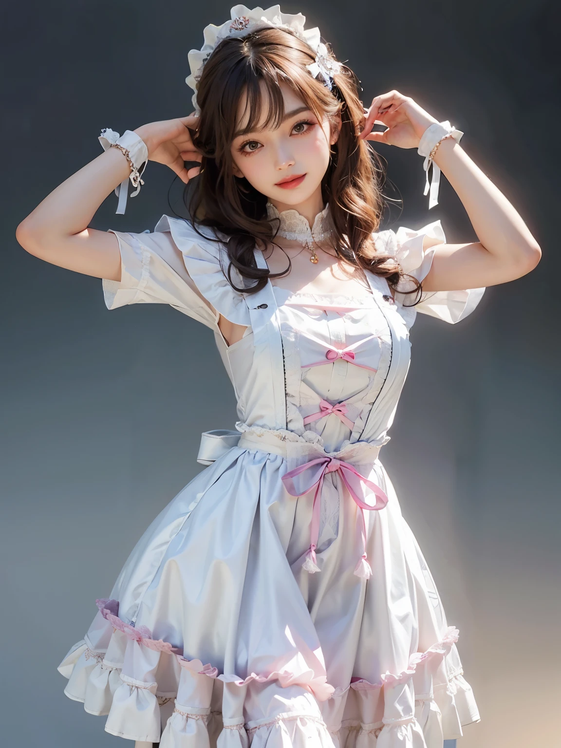 Clothing types: Maid uniform color: pink、white、Brown Design: pinkとブラウンのチェック柄、Accessories that often use ribbons and frills: hair ornaments、Arm ornaments、Apron background color: Gray and others: Simple background and other poses: Pose with hands on both sides of head: Smile lighting: Bright lighting creates a bright overall impression