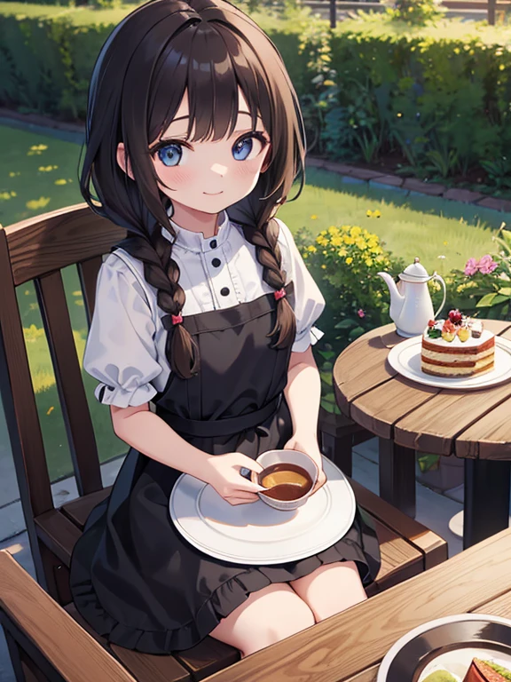 (8K, Highest quality, tableトップ:1.2), Ultra-high resolution, 7-year-old girl, Perfect Fingers, Detailed face, smile, black eye, Brown Hair, (multiple braids:1.5), Blue Apron Dress, garden, flower bed, table, tableクロス, Black tea, Tea cup, cake, Sit on a chair, Black teaを飲む