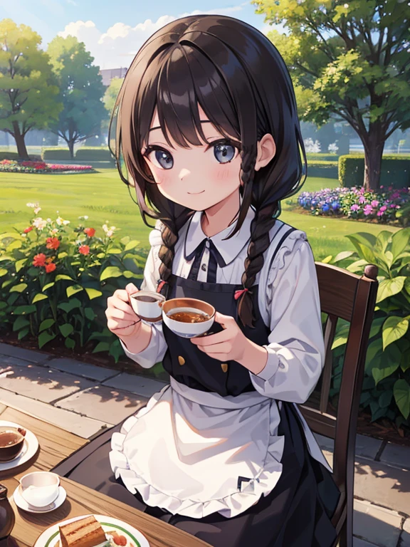 (8K, Highest quality, tableトップ:1.2), Ultra-high resolution, 7-year-old girl, Perfect Fingers, Detailed face, smile, black eye, Brown Hair, (multiple braids:1.5), Blue Apron Dress, garden, flower bed, table, tableクロス, Black tea, Tea cup, cake, Sit on a chair, Black teaを飲む