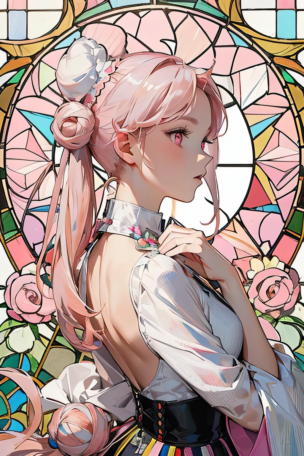 (masterpiece, Highest quality), 8K,(((Very detailed))), race:1.8,Super intricate race pattern,colorful race pattern,Stained Glass Background, kaleidoscope,light up, 1 female,Open Back,Top Bust:1.5,(Hair Ribbon:0.4), Pink Eyes,(((White bun hair))),(((Long pink hair))),