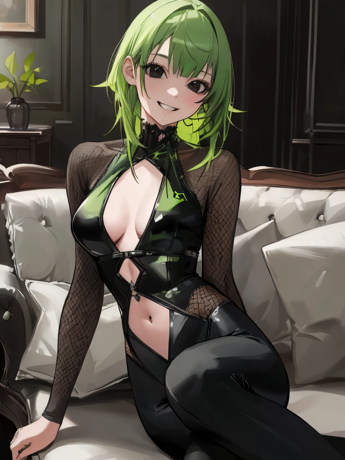 masterpiece, best quality,realistic,absurdres,1girl,looking at viewer, grin, living room, skinny, lime green hair, black eyes, asymmetrical hair, goth, mesh suit