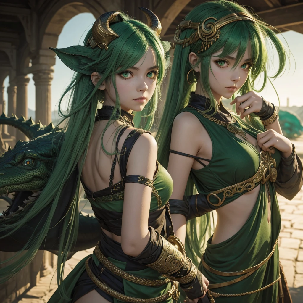 a girl with a green hair and big golden eyes with ouroboros-shaped handband, highly details, fantasy style, blurred stricks and spots in the background