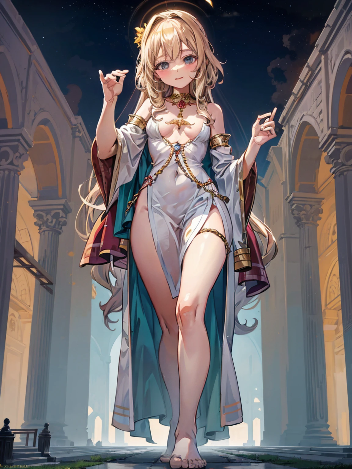 Aelia, a giant 70 meter high priestess, emerges from a golden temple at dawn, her golden and radiant skin reflecting the first rays of the sun. Her long blonde hair falls in perfect curls over her shoulders.. Naked and bright, standing on a sacred field, her posture is graceful and provocative, with one leg forward and one hand caressing his neck. His eyes, full of wisdom and desire, They look at the tiny worshipers at their feet. With a serene smile, sits slowly on an altar, crushing the devotees and their offerings under her perfect ass. Her divine body exudes an aura of heavenly eroticism, enveloping everyone in a spell of devotion and desire.