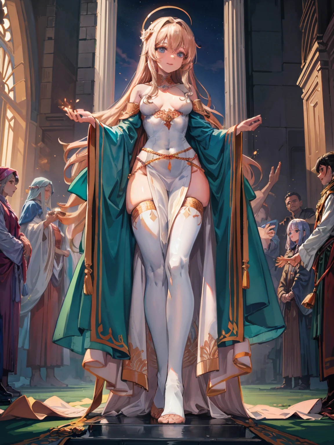 Aelia, a giant 70 meter high priestess, emerges from a golden temple at dawn, her golden and radiant skin reflecting the first rays of the sun. Her long blonde hair falls in perfect curls over her shoulders.. Naked and bright, standing on a sacred field, her posture is graceful and provocative, with one leg forward and one hand caressing his neck. His eyes, full of wisdom and desire, They look at the tiny worshipers at their feet. With a serene smile, sits slowly on an altar, crushing the devotees and their offerings under her perfect ass. Her divine body exudes an aura of heavenly eroticism, enveloping everyone in a spell of devotion and desire.
