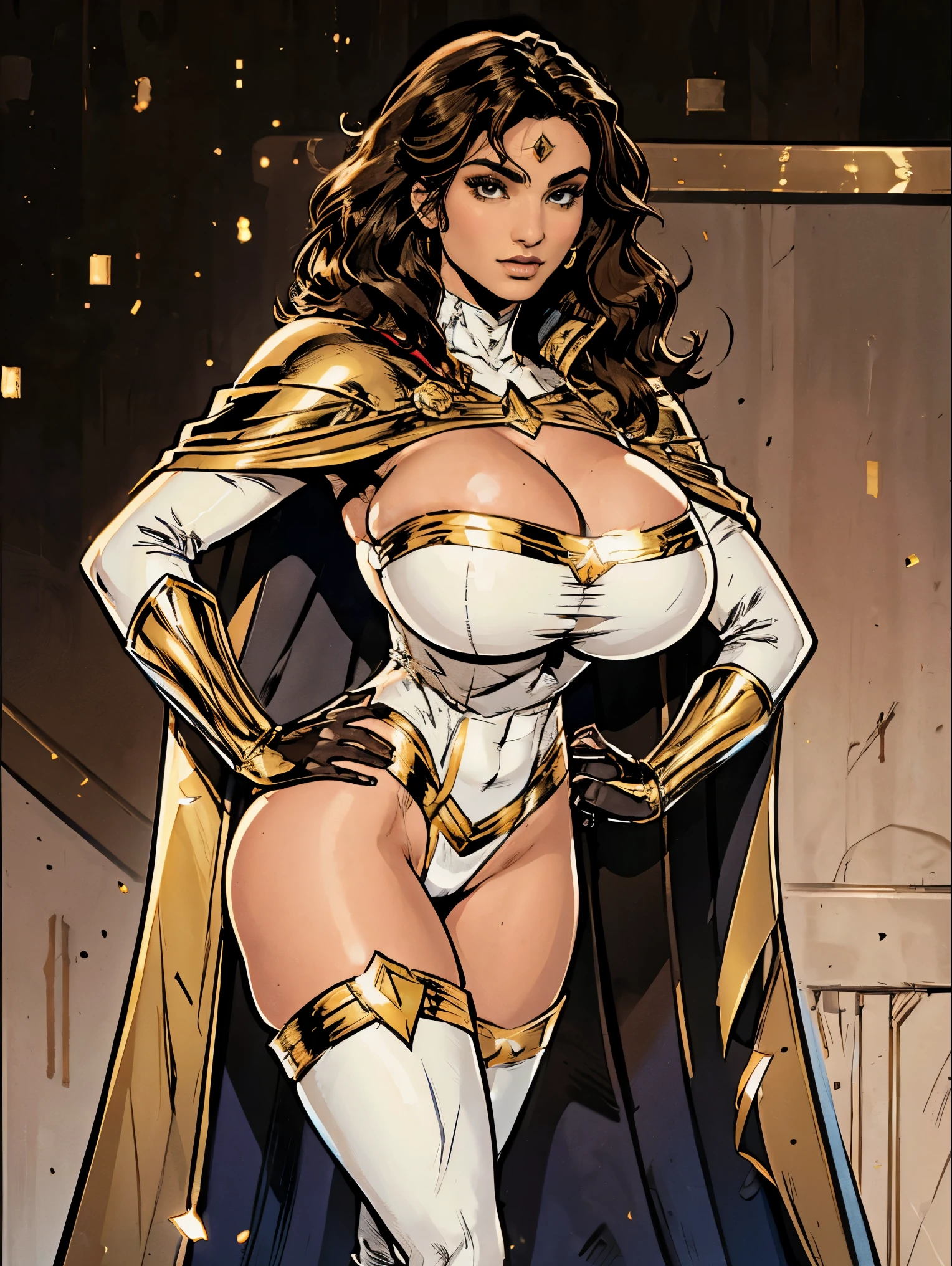 Gorgeous and sultry busty athletic (thin) brunette with sharp facial features and a (large nose) and (huge boobs) wearing a white and gold superhero leotard, cape, gloves, thigh-high boots