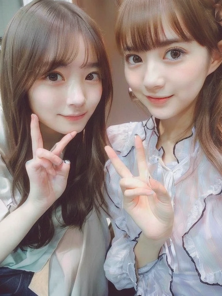 Two young women posing for a photo with their fingers up, Yoshitomo Nara and Aya Takano, nixeu and sakimichan, Larisa Manovar, With a cute - lovely - face, Ulzzang, 🚿🗝📝, sakimichan, ❤🔥🍄🌪