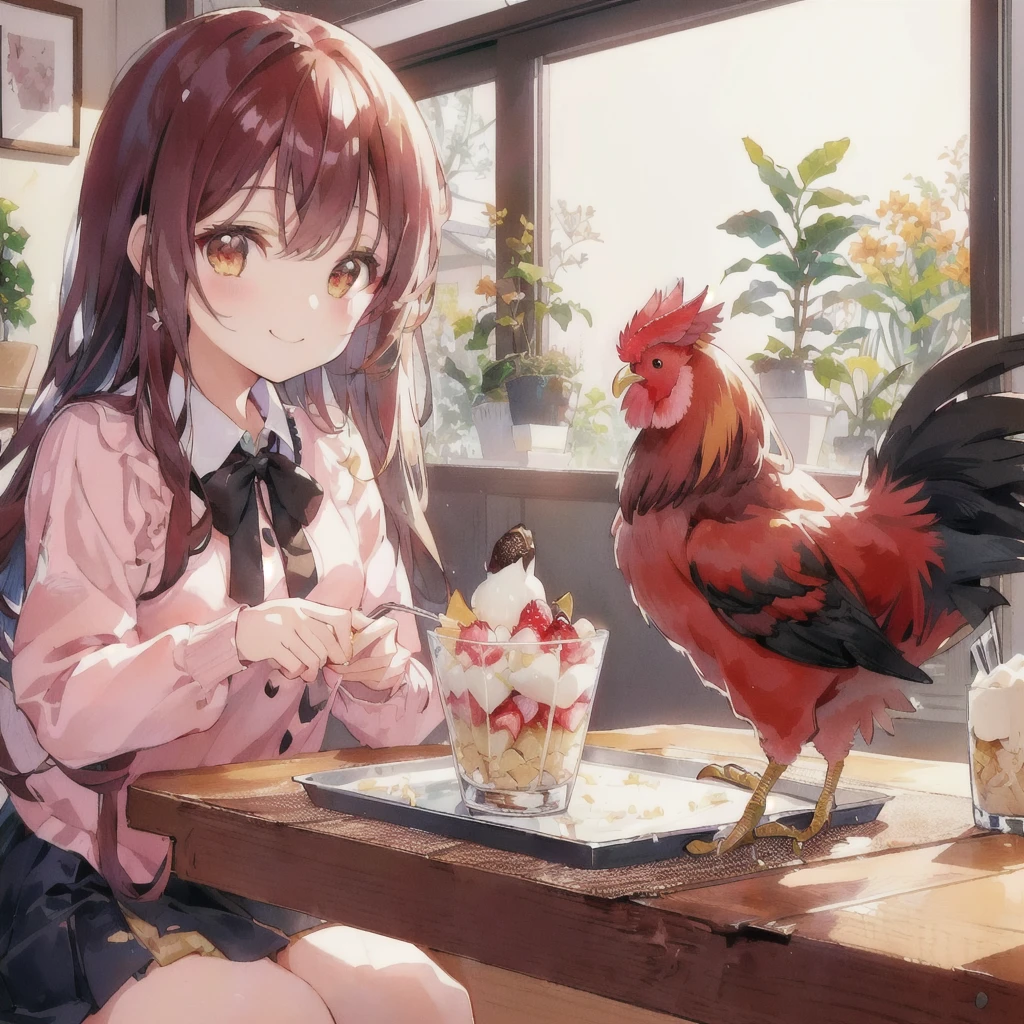 Anime girl eating parfait and a rooster on the table, smile,Anime Food, Cute girl anime visuals, Realistic Anime 3D Style, sakimi chan, everyone, Highly detailed official artwork, I also make fan art, Pixiv, Cute Anime Girl, Realistic anime art style, Trending on cgstation, trending on artstation Pixiv, Beautiful and detailed anime art