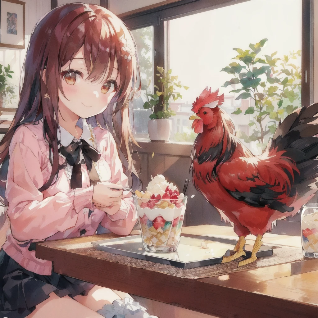 Anime girl eating parfait and a rooster on the table, smile,Anime Food, Cute girl anime visuals, Realistic Anime 3D Style, sakimi chan, everyone, Highly detailed official artwork, I also make fan art, Pixiv, Cute Anime Girl, Realistic anime art style, Trending on cgstation, trending on artstation Pixiv, Beautiful and detailed anime art