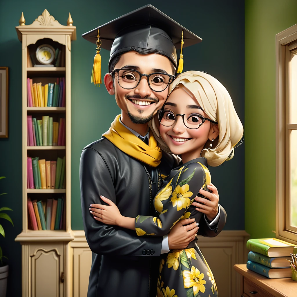 Create a caricature 3D real cartoon style full body with a big head. Happy scene of three people from an Indonesian family celebrating the happy moment of graduation. The graduate was a young woman standing in the middle. wearing a tight black headscarf tied around her neck, wearing a black toga hat with bright yellow tassels. Wearing black graduation attire with dark green motifs. Wearing a yellow scarf that says "KARIKATUR GRADUATION". hands hugging a dark blue diploma folder, smiling with a cheerful face facing the camera. To his left was a 40 year old man wearing a black suit, cream tie and white shirt, smiling with his hands in the namaste position. The woman on the right is 35 years old, wearing a stylish gray-beige patterned dress and a cream-colored hijab, standing with her arms around the woman standing in the middle with a warm, motherly smile and wearing glasses. Gradient green background and cupboard full of books. On the wall there is a frame containing a young man's graduation photo. The