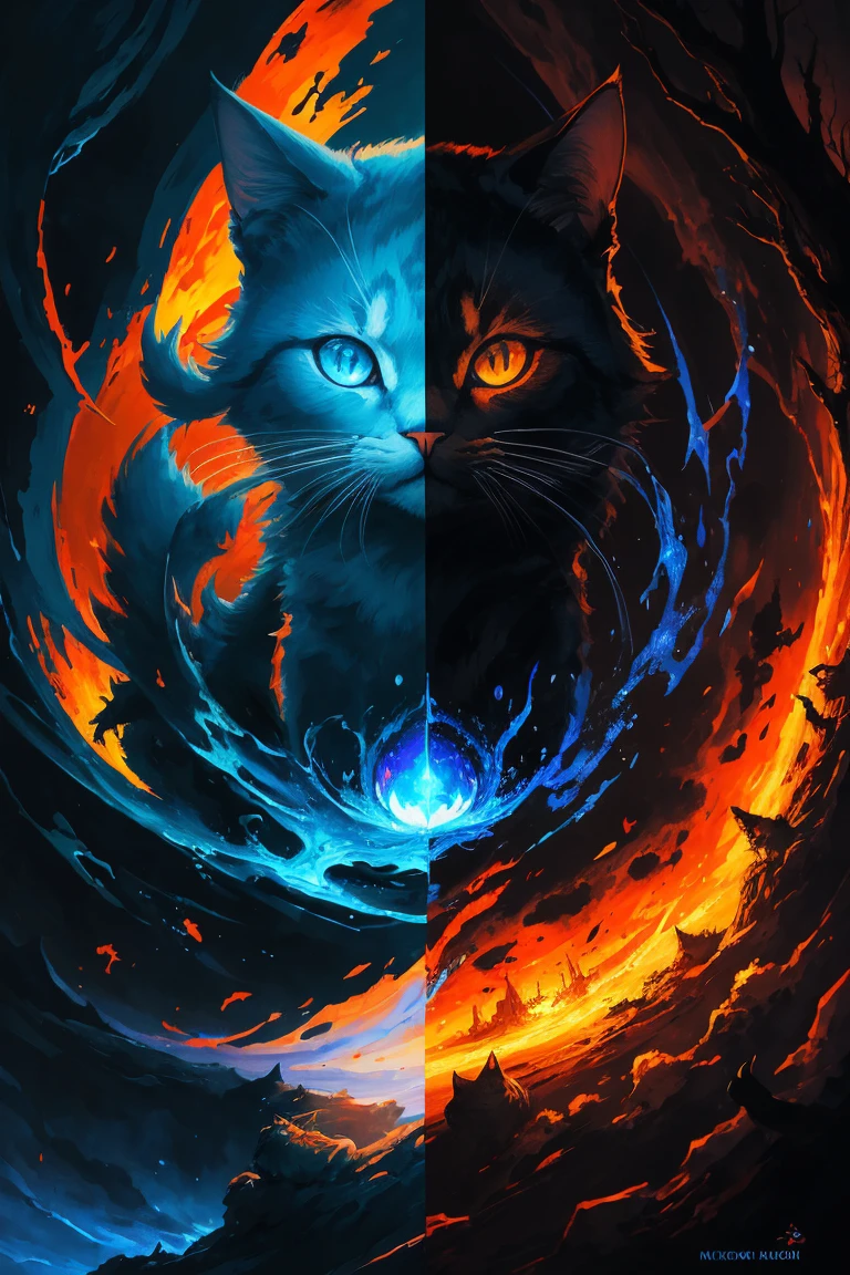 painting of a cat with bright blue eyes and a red tail, a digital painting inspired by Yoshio Markino, pixiv contest winner, furry art, neko, cat from the void, demon cat, nekro iii, yellow - orange eyes, a painting of a cat, nekro, with glowing yellow eyes, nekro xiii, orange cat