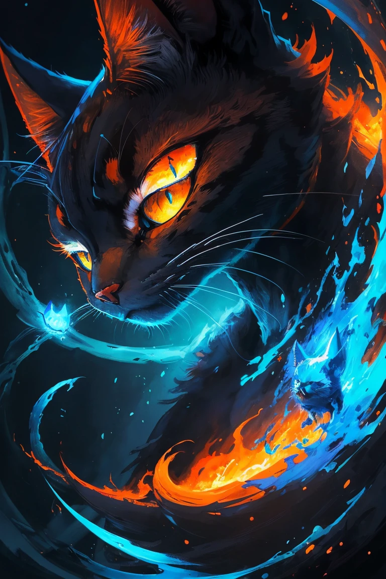 painting of a cat with bright blue eyes and a red tail, a digital painting inspired by Yoshio Markino, pixiv contest winner, furry art, neko, cat from the void, demon cat, nekro iii, yellow - orange eyes, a painting of a cat, nekro, with glowing yellow eyes, nekro xiii, orange cat