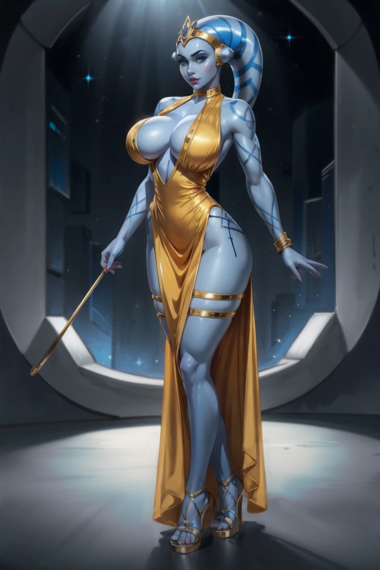 Playful Blue Skin Twi'lek with (huge breasts) wearing a tight short gold cocktail dress, short dress, high neck, sleeveless, (keyhole cleavage), tattoos, large natural breasts, cleavage, long legs, toned, slim hips, small waist, full-body shot