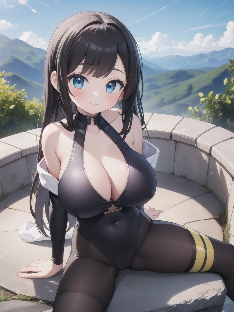 master-piece, bestquality, 1girls,, View viewers from front, sit, HD, slight smile, big tits, cleavage, tights cloth, swuimsuit, tiny body, outdoor, mountain,