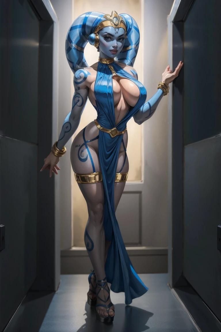 Playful Blue Skin Twi'lek with (huge ) wearing a tight short gold cocktaiess, short dress, high neck, sleeveless, (keyhole cleavage), large natural breasts, cleavage, gs, tonedips, small waist, full-body shot