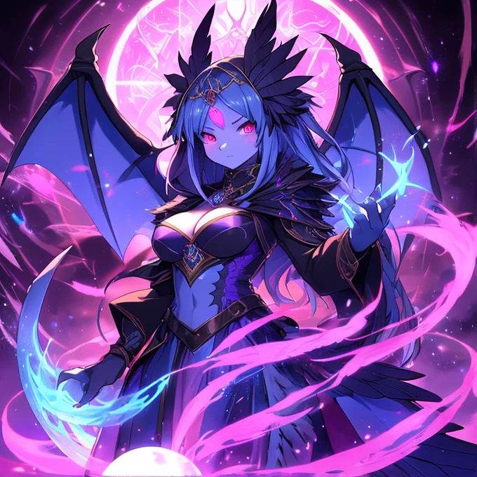 18 year old dirty girl, (((anime girl))) king, sorceress witch clothing, malignant aura, dragon wings, body with scales and feathers, energy ball, casting sorceress spell, red evil eyes, evil spell, black aura His eyes are large and expressive, Resplendent irises of blue and purple tones.