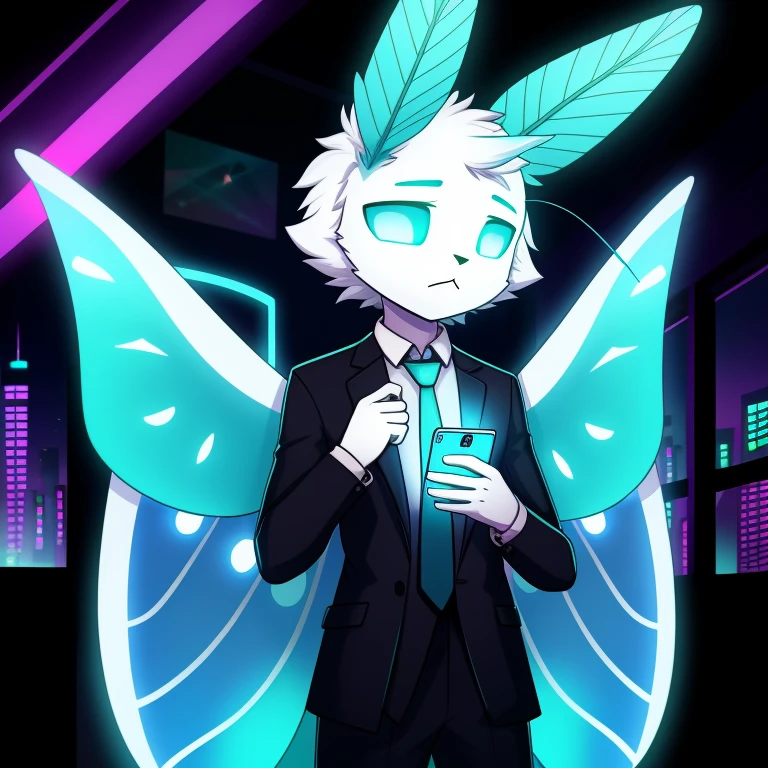 1 anthro moth, with screens for eyes with lines of codes running through them, a very thin body with long arms and legs, wearing a three piece suit and a fur coat, with big bright cyan lunar moth wings, technology, sad expression, pityful expression, tired expression, cyberpunk aesthetic, furry, moth antenna, mothwings, cyberpunk three piece suit, white face glowing antenna, glowing eyes, glowing tie, cute, young looking, teenager, cute face, no hair, full body, open wings, cyan eyes, pitiable expression, mothwings, at a party, messing on his phone