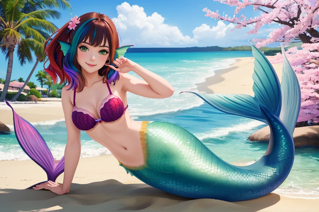 masterpiece, best quality:1.2), 1girl, smile, looking at viewer, green eyes, short brown multicolored hair, mermaid, mermaid girl, wearing purple seashell bra, laying on beach, colorful mermaid tail, outdoors, head fins, fin ears, under cherry blossoms