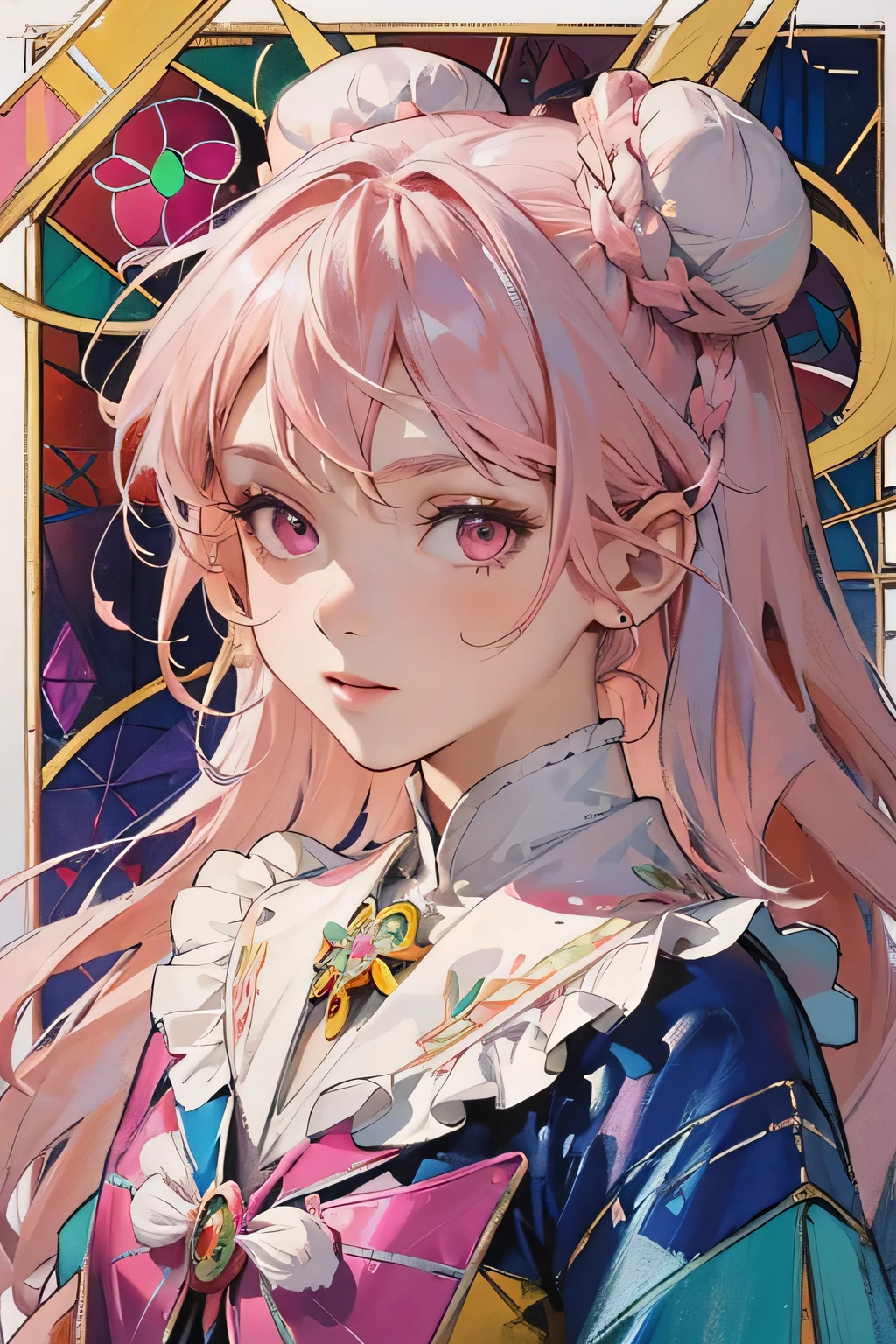 (masterpiece, Highest quality), 8K,(((Very detailed))), race:1.8,Super intricate race pattern,colorful race pattern,Stained Glass Background, kaleidoscope,light up, 1 female,Open Back,Top Bust:1.5,(Hair Ribbon:0.4), Pink Eyes,(((White bun hair))),(((Long pink hair))),