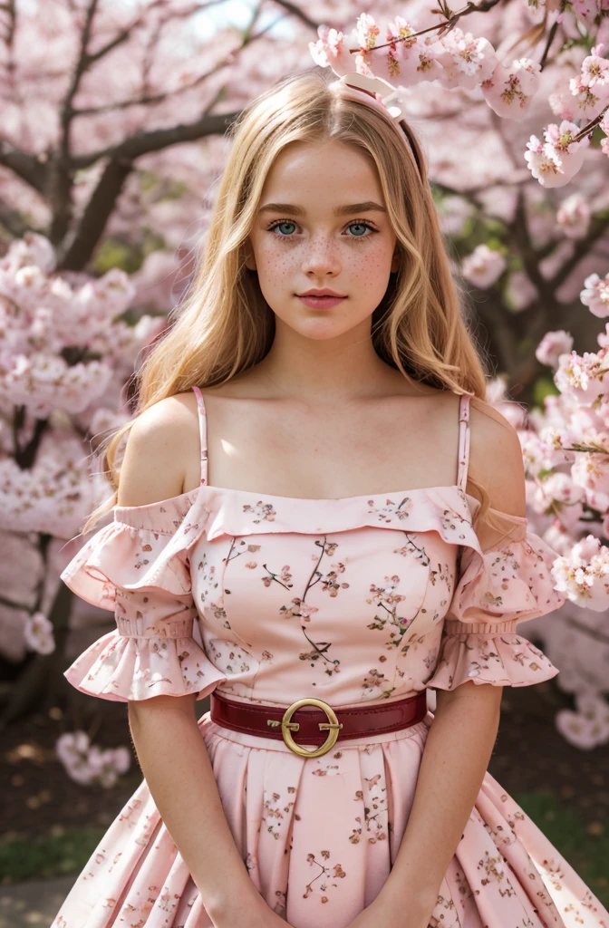 A beautiful sensual curvy blonde tween wearing a sweet Pink Contrast Mesh, Ruffle Hem, All Over cherry blossoms Print, A Line, Short puff Sleeves, Sweetheart neckline, thin gold belt with tiny heart buckle, High Waist,Flounce hem Long gown, very long curling hair, cute, sweet, town picnic, warm atmosphere, pretty, pretty lighting, 8k, octane render, detailed, detailed background, 35mm, realistic, photorealistic, perfect face, cherry blossoms barrettes in hair, freckles, ((American face)), American