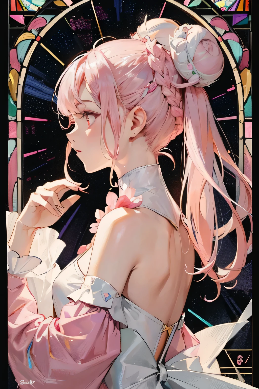 (masterpiece, Highest quality), 8K,(((Very detailed))), race:1.8,Super intricate race pattern,colorful race pattern,Stained Glass Background, kaleidoscope,light up, 1 female,Open Back,Top Bust:1.5,(Hair Ribbon:0.4), Pink Eyes,(((White bun hair))),(((Long pink hair))),