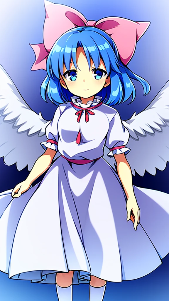 masterpiece, best quality, 1girl, , , 10 years old, medium blue hair, hair flaps, pink ribbon on head, well-formed face, blue eyes, angel girl, white blouse, puffy short sleeves, red ribbon, angel wings, long white skirt, red shoes, frills, ribbon head
